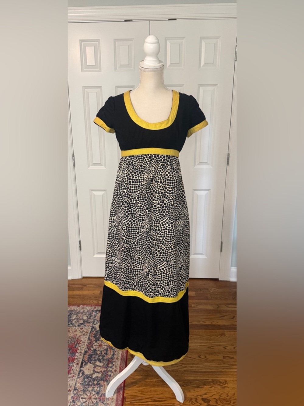 Vtg Jane Justin By Don Sophisticates Empire Waist Dress Black & Yellow Sz XS/S